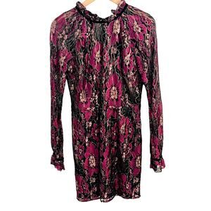 Vintage Metallic Dress Medium Purple Floral Long Sleeve Whimsigoth Sexy Witchy